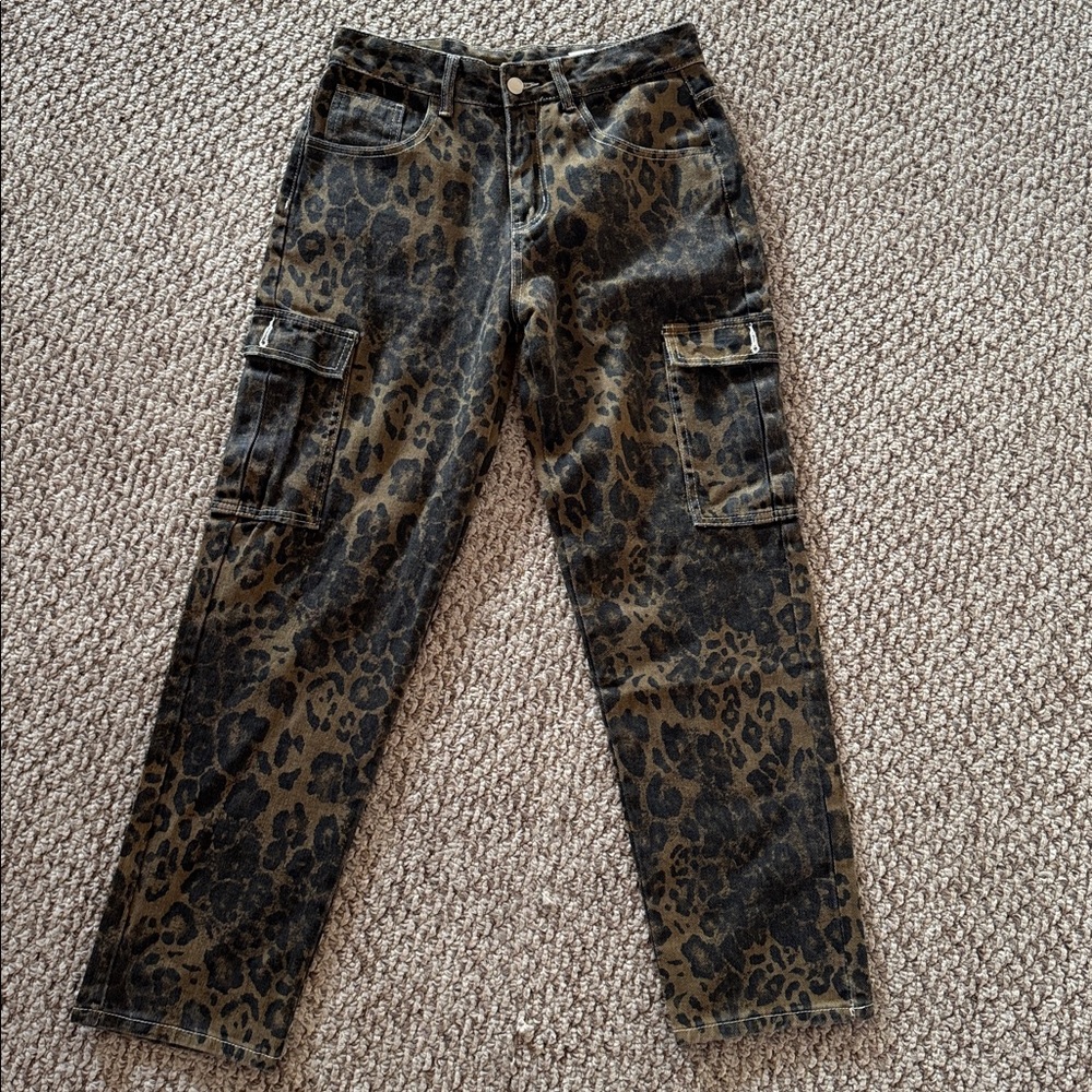 Leopard Print Jean Cargo Pants